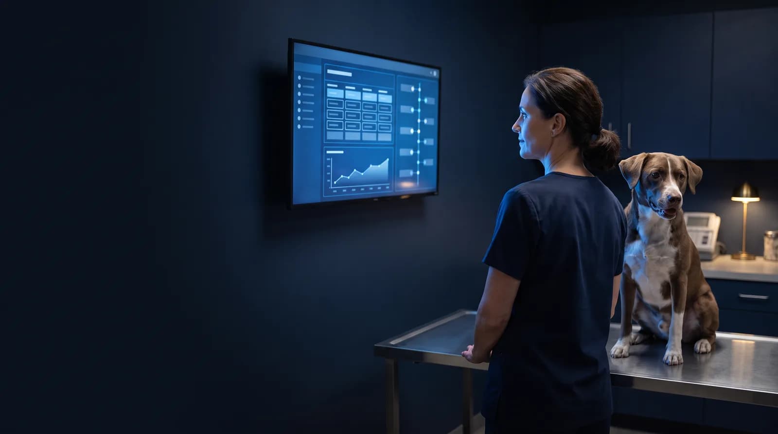 A veterinarian in an exam room reads a patient’s history on a wall-mounted screen while a calm dog waits on the table beside her.