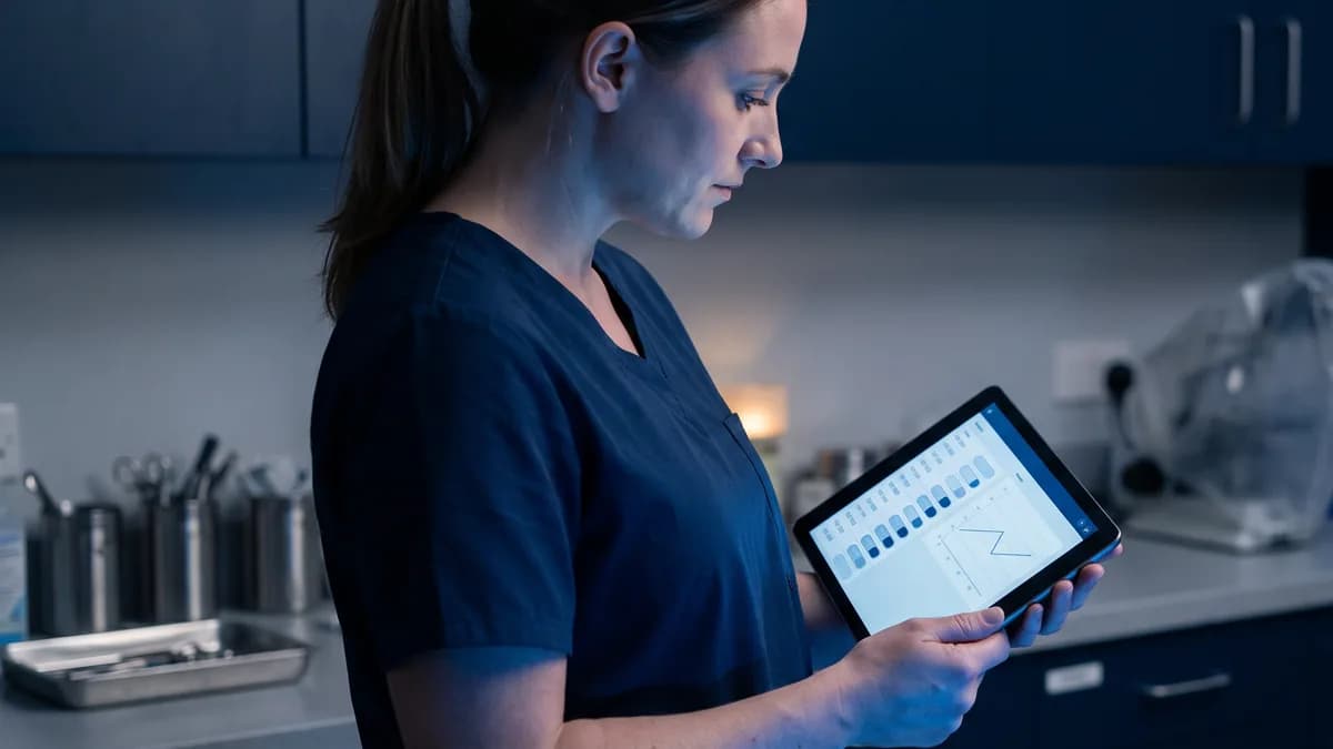 A veterinary technician reviews a patient’s day-by-day adherence log on a tablet at a treatment-area workstation.